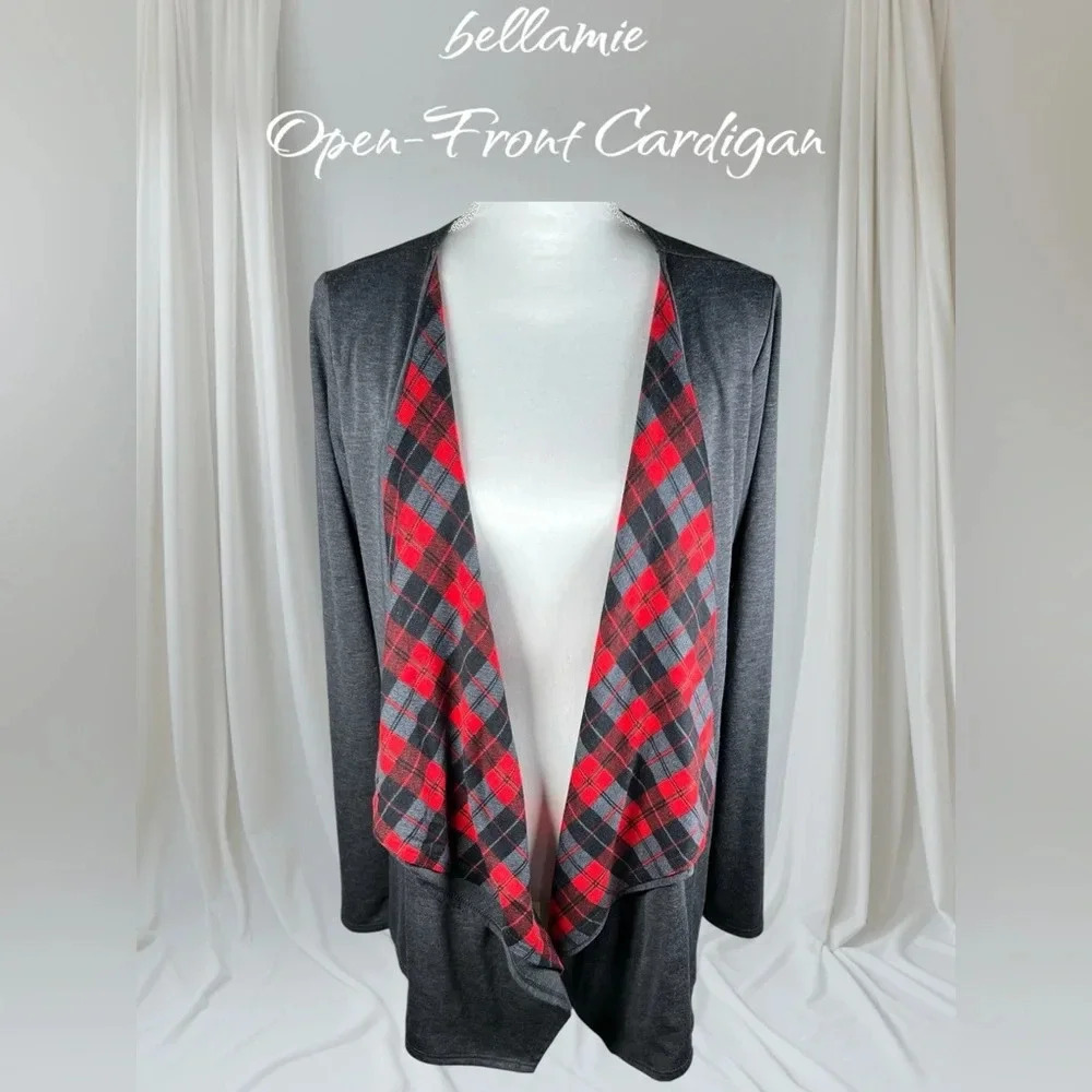 bellamie | Gray, Black & Red Plaid Open-Front Cardigan